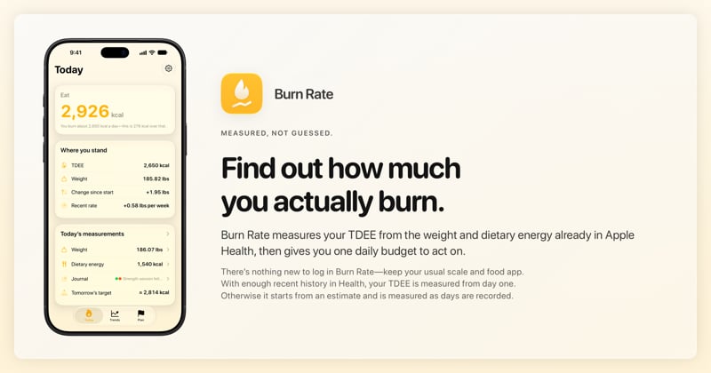The Burn Rate share image, showing the app on iPhone 18 Pro Max with its icon, name and headline for the gain story, in the Yellow tint, light appearance.