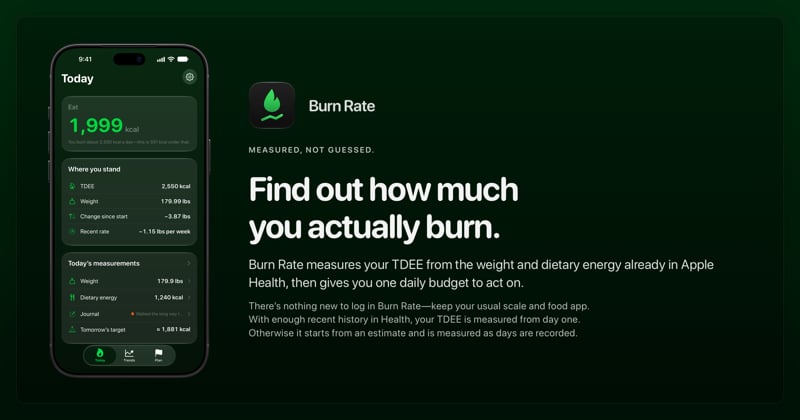 The Burn Rate share image, showing the app on iPhone 18 Pro Max with its icon, name and headline for the loss story, in the Green tint, dark appearance.