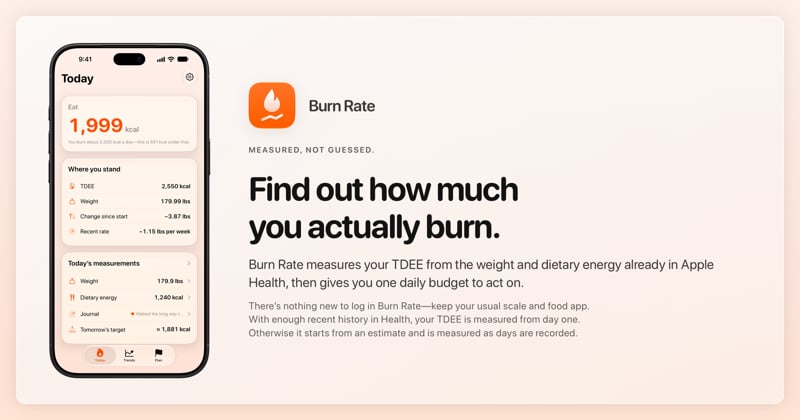 The Burn Rate share image, showing the app on iPhone 18 Pro Max with its icon, name and headline for the loss story, in the Orange tint, light appearance.