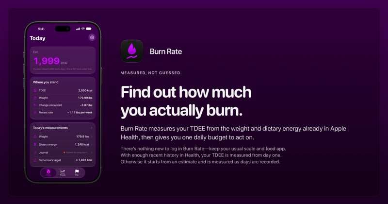 The Burn Rate share image, showing the app on iPhone 18 Pro Max with its icon, name and headline for the loss story, in the Purple tint, dark appearance.