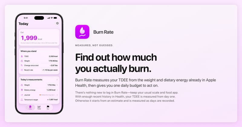 The Burn Rate share image, showing the app on iPhone 18 Pro Max with its icon, name and headline for the loss story, in the Purple tint, light appearance.