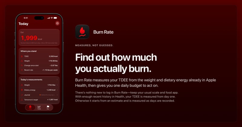The Burn Rate share image, showing the app on iPhone 18 Pro Max with its icon, name and headline for the loss story, in the Red tint, dark appearance.