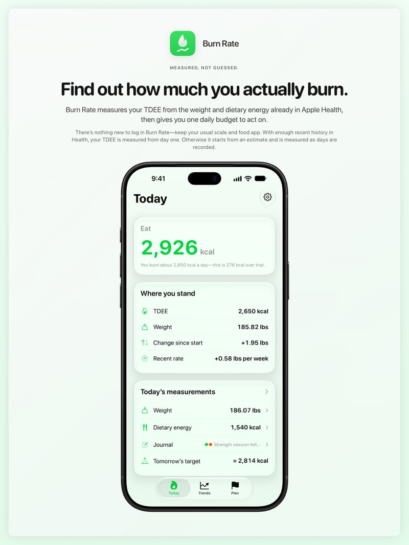 The Burn Rate share image, showing the app on iPhone 18 Pro Max with its icon, name and headline for the gain story, in the Green tint, light appearance.