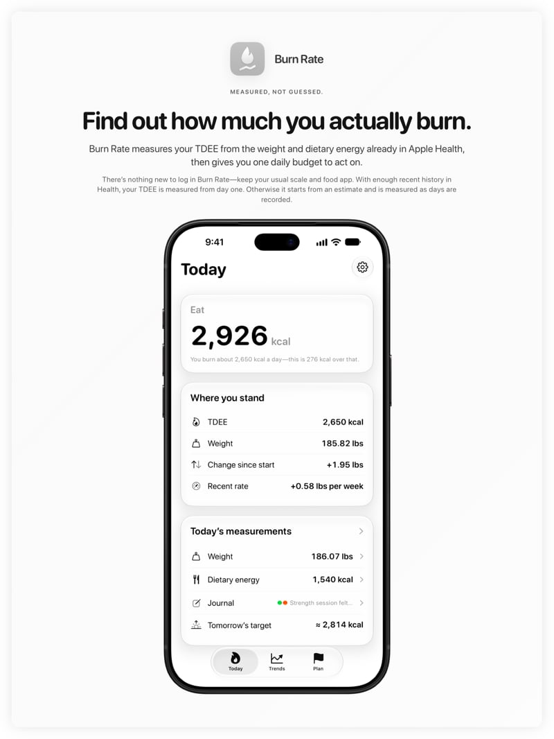 The Burn Rate share image, showing the app on iPhone 18 Pro Max with its icon, name and headline for the gain story, in the Grey tint, light appearance.