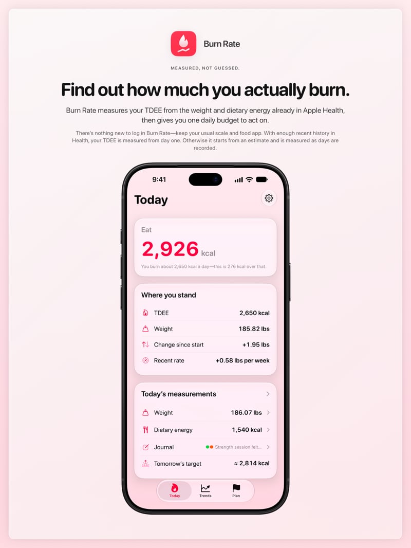 The Burn Rate share image, showing the app on iPhone 18 Pro Max with its icon, name and headline for the gain story, in the Pink tint, light appearance.