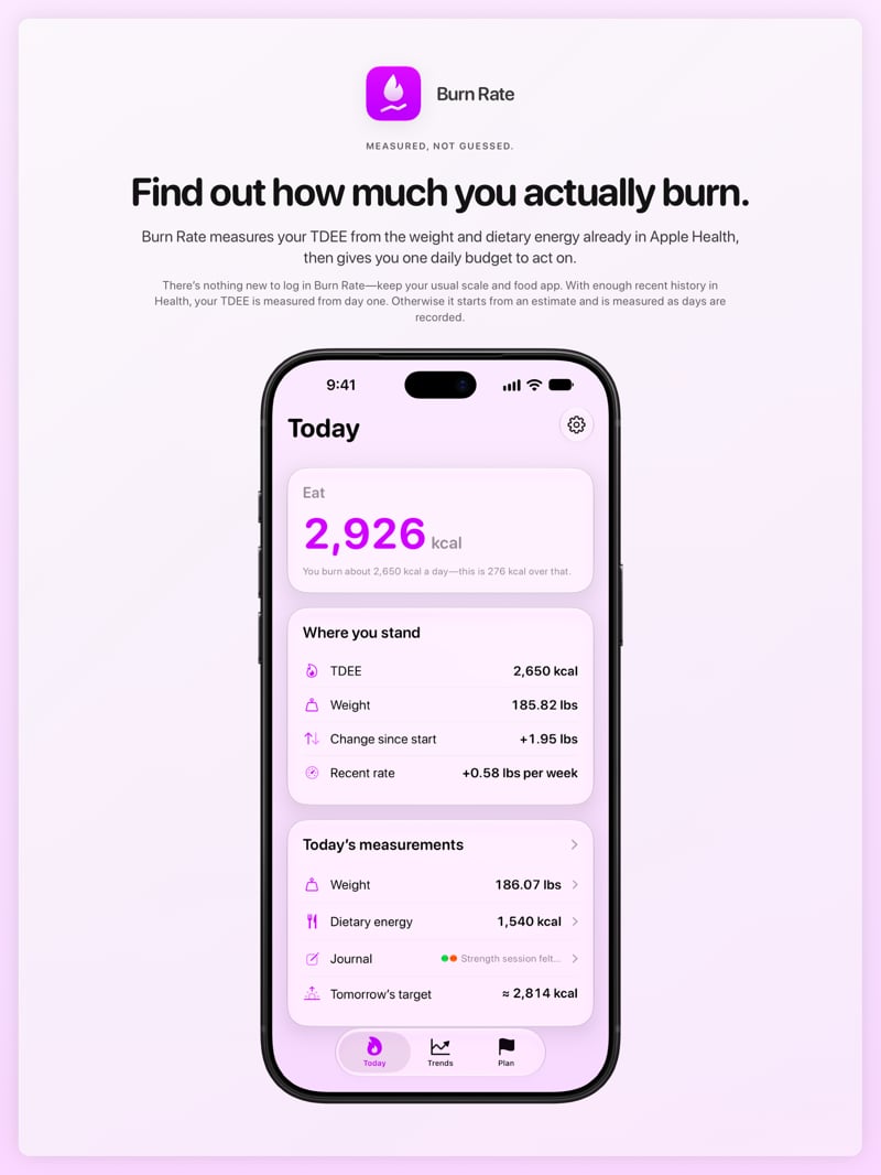 The Burn Rate share image, showing the app on iPhone 18 Pro Max with its icon, name and headline for the gain story, in the Purple tint, light appearance.