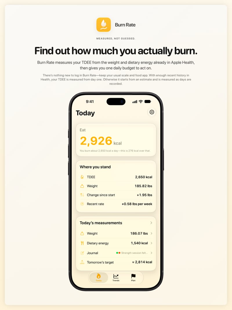 The Burn Rate share image, showing the app on iPhone 18 Pro Max with its icon, name and headline for the gain story, in the Yellow tint, light appearance.