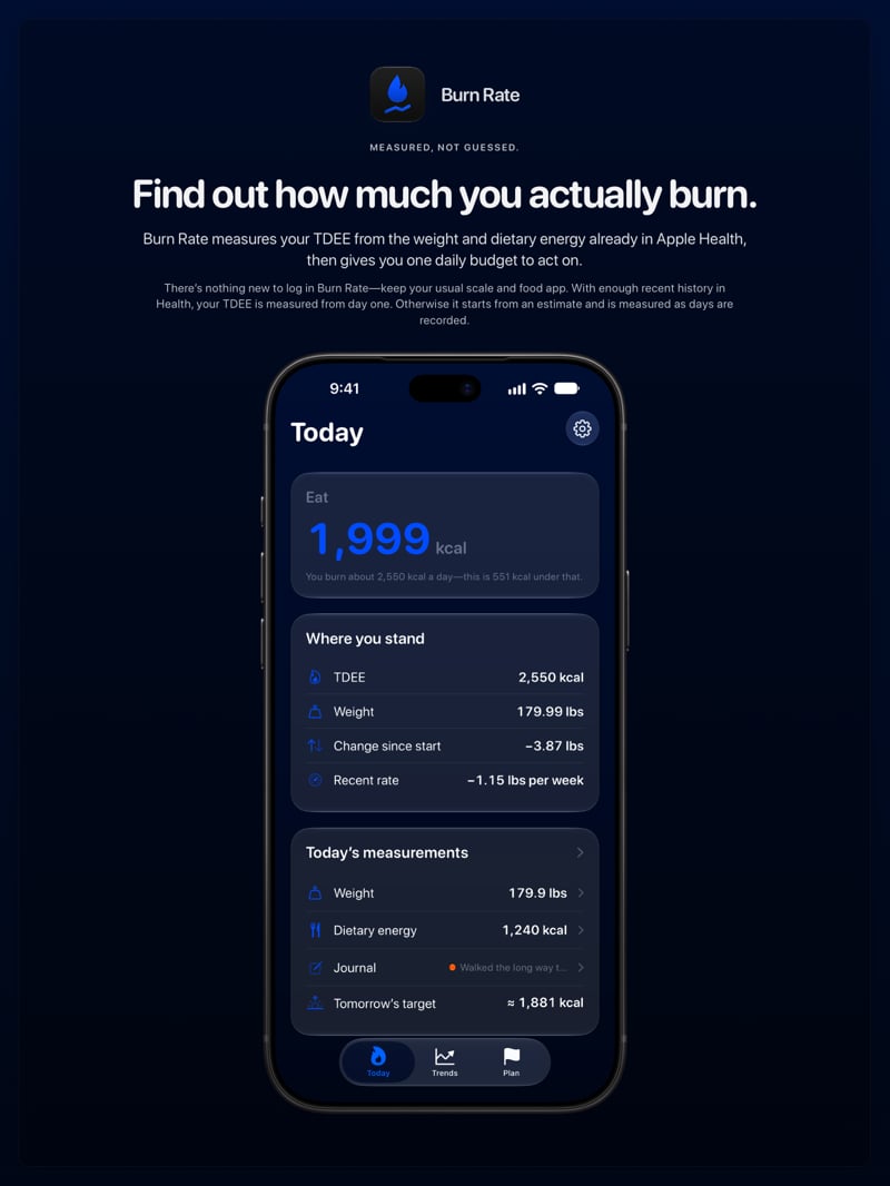 The Burn Rate share image, showing the app on iPhone 18 Pro Max with its icon, name and headline for the loss story, in the Blue tint, dark appearance.