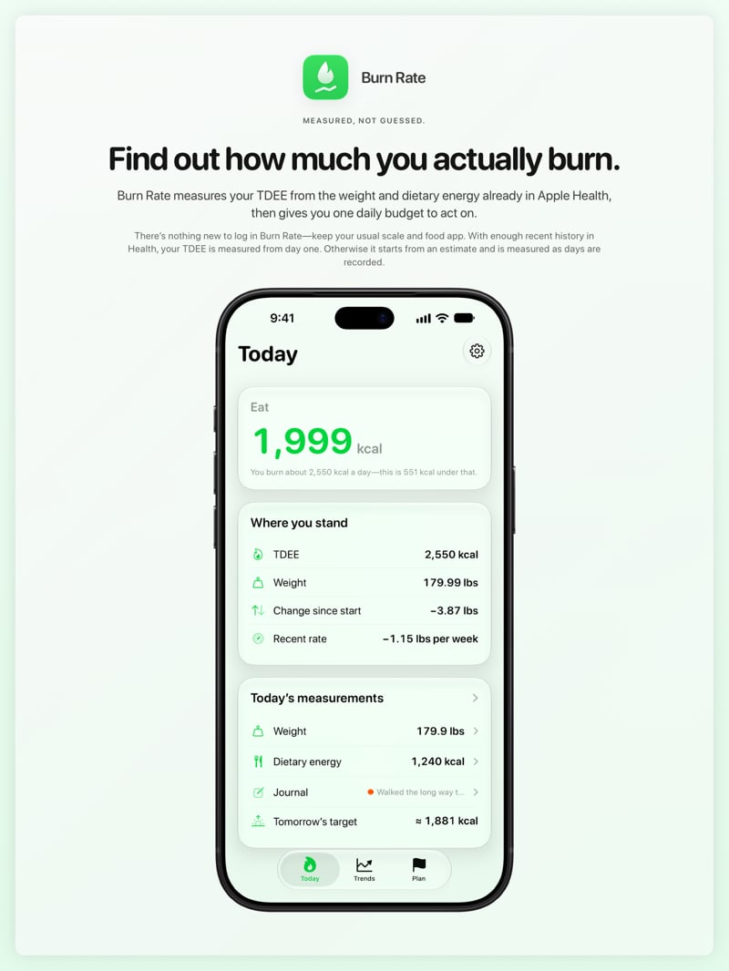 The Burn Rate share image, showing the app on iPhone 18 Pro Max with its icon, name and headline for the loss story, in the Green tint, light appearance.