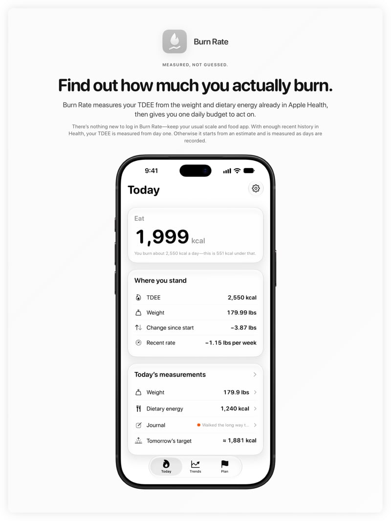 The Burn Rate share image, showing the app on iPhone 18 Pro Max with its icon, name and headline for the loss story, in the Grey tint, light appearance.