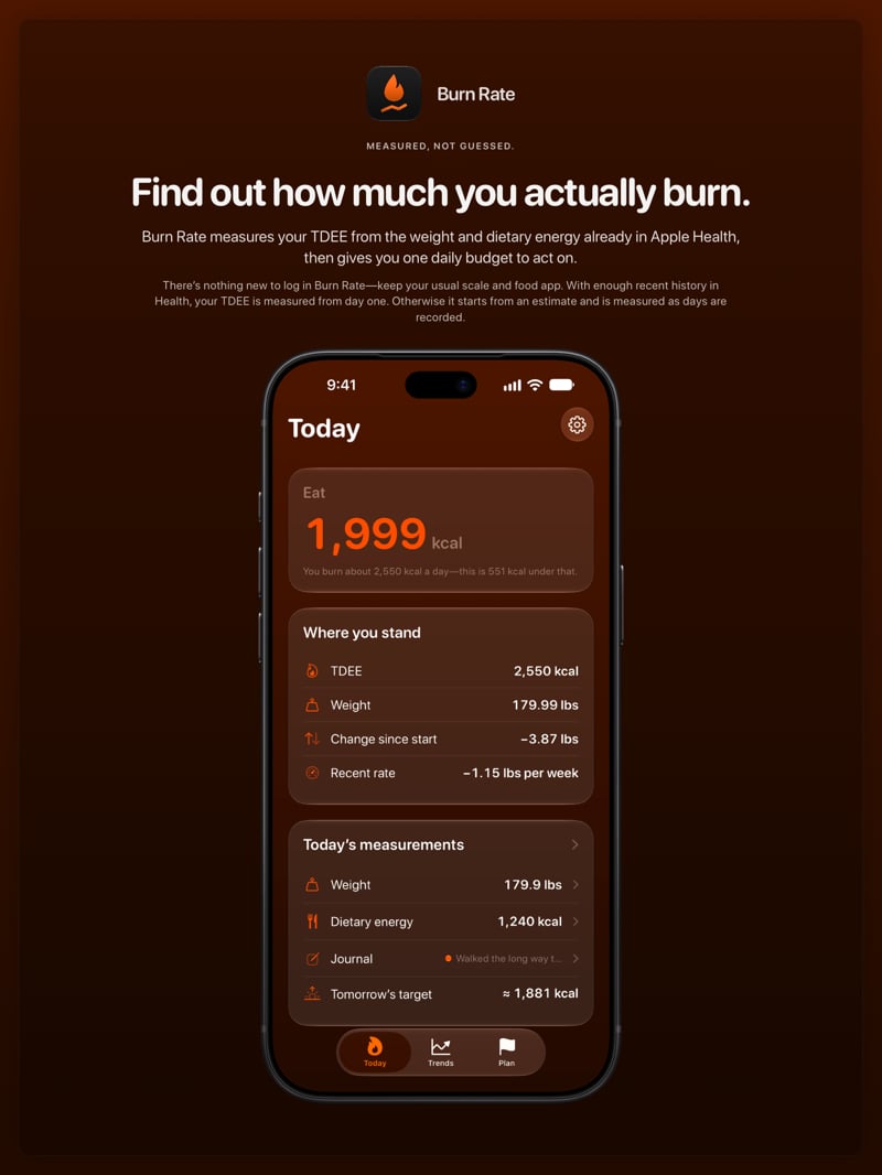 The Burn Rate share image, showing the app on iPhone 18 Pro Max with its icon, name and headline for the loss story, in the Orange tint, dark appearance.