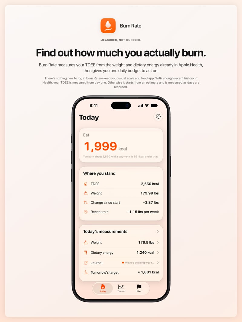 The Burn Rate share image, showing the app on iPhone 18 Pro Max with its icon, name and headline for the loss story, in the Orange tint, light appearance.