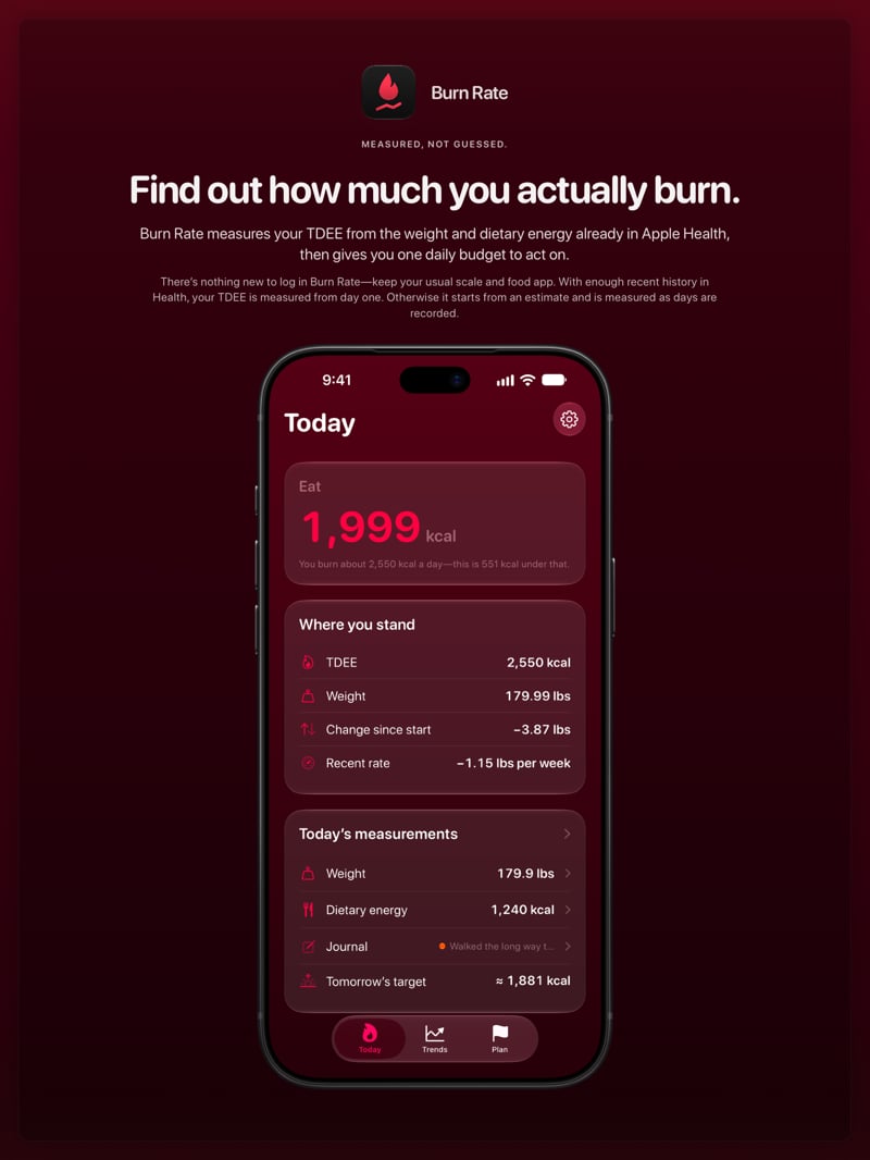 The Burn Rate share image, showing the app on iPhone 18 Pro Max with its icon, name and headline for the loss story, in the Pink tint, dark appearance.