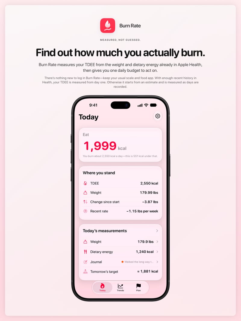 The Burn Rate share image, showing the app on iPhone 18 Pro Max with its icon, name and headline for the loss story, in the Pink tint, light appearance.