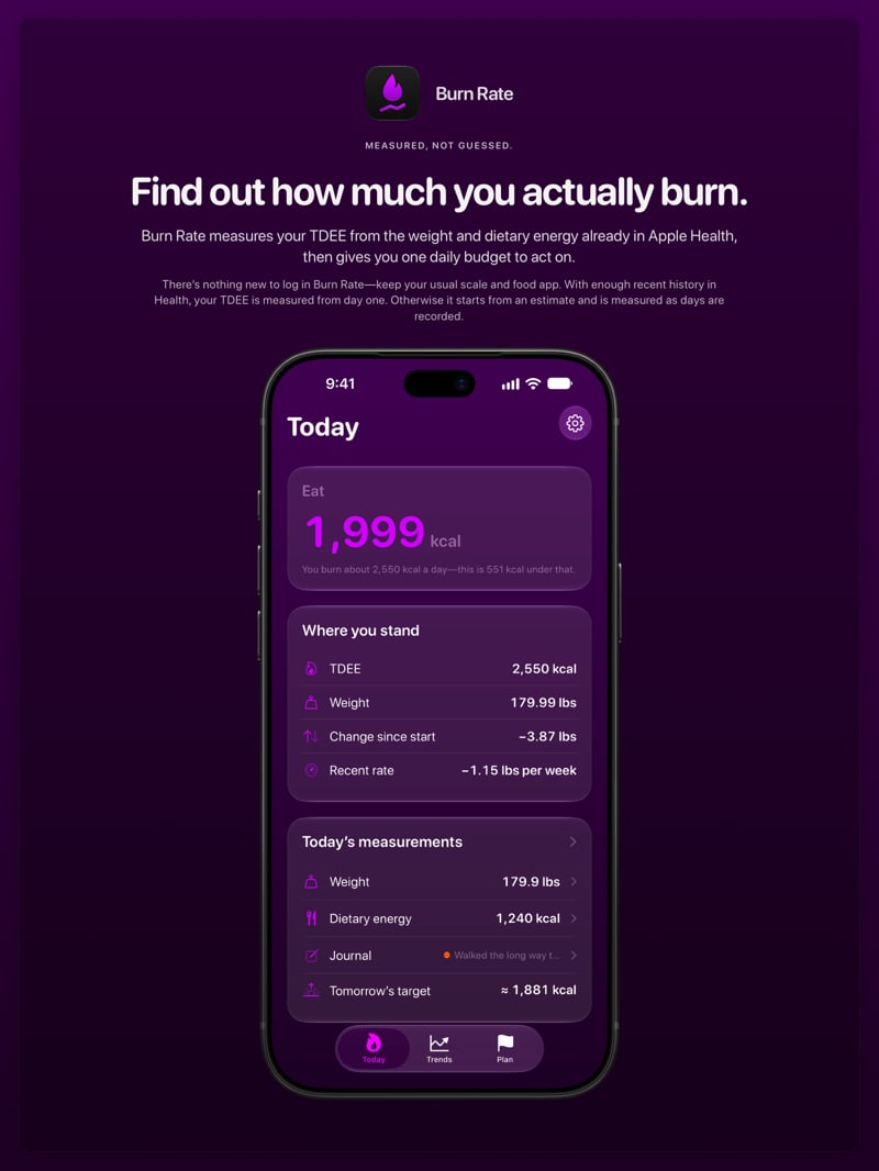 The Burn Rate share image, showing the app on iPhone 18 Pro Max with its icon, name and headline for the loss story, in the Purple tint, dark appearance.