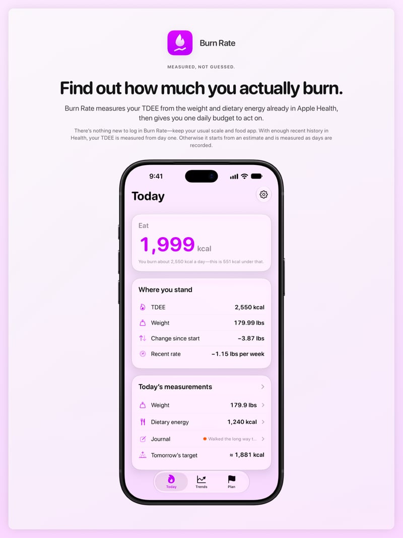 The Burn Rate share image, showing the app on iPhone 18 Pro Max with its icon, name and headline for the loss story, in the Purple tint, light appearance.