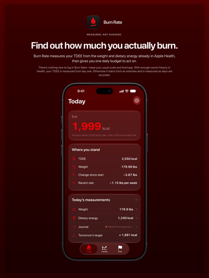 The Burn Rate share image, showing the app on iPhone 18 Pro Max with its icon, name and headline for the loss story, in the Red tint, dark appearance.