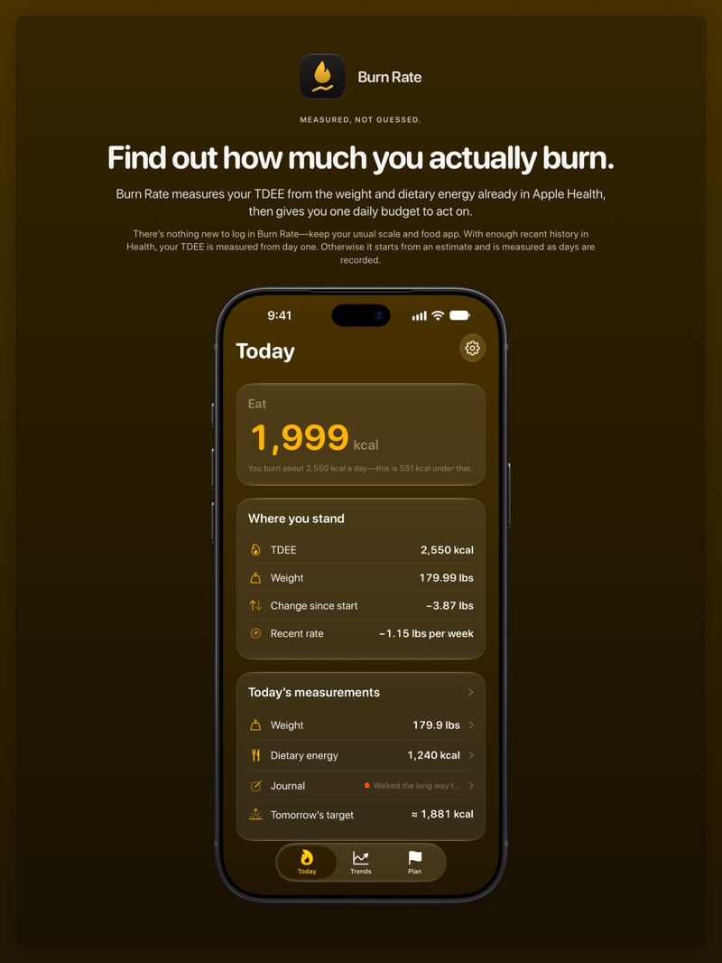 The Burn Rate share image, showing the app on iPhone 18 Pro Max with its icon, name and headline for the loss story, in the Yellow tint, dark appearance.