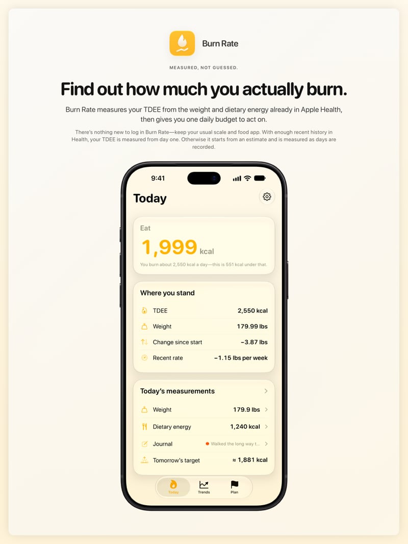 The Burn Rate share image, showing the app on iPhone 18 Pro Max with its icon, name and headline for the loss story, in the Yellow tint, light appearance.