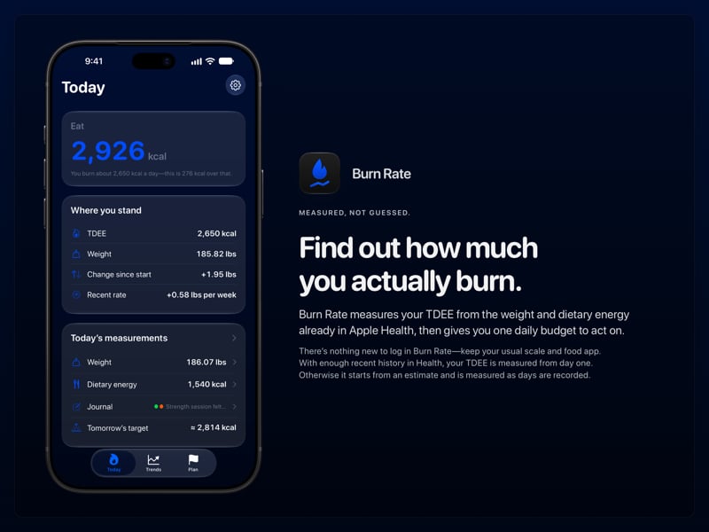 The Burn Rate share image, showing the app on iPhone 18 Pro Max with its icon, name and headline for the gain story, in the Blue tint, dark appearance.