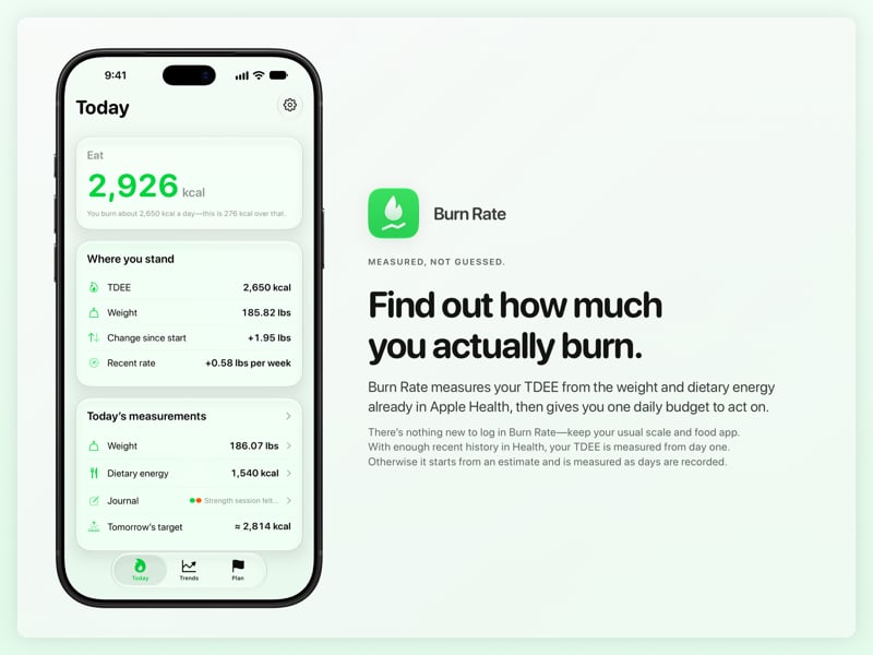 The Burn Rate share image, showing the app on iPhone 18 Pro Max with its icon, name and headline for the gain story, in the Green tint, light appearance.