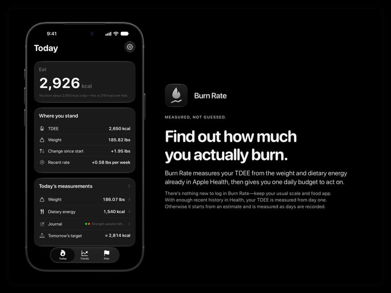 The Burn Rate share image, showing the app on iPhone 18 Pro Max with its icon, name and headline for the gain story, in the Grey tint, dark appearance.
