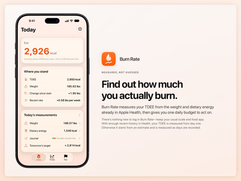 The Burn Rate share image, showing the app on iPhone 18 Pro Max with its icon, name and headline for the gain story, in the Orange tint, light appearance.