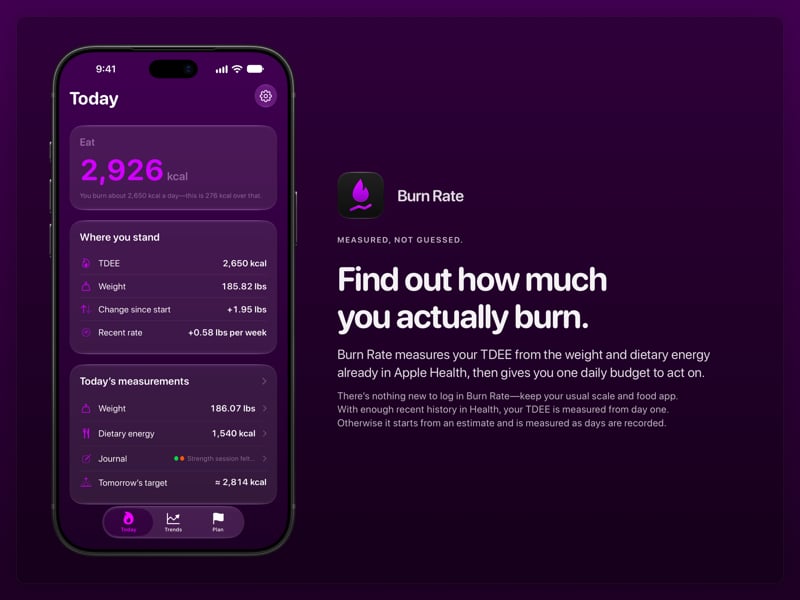 The Burn Rate share image, showing the app on iPhone 18 Pro Max with its icon, name and headline for the gain story, in the Purple tint, dark appearance.