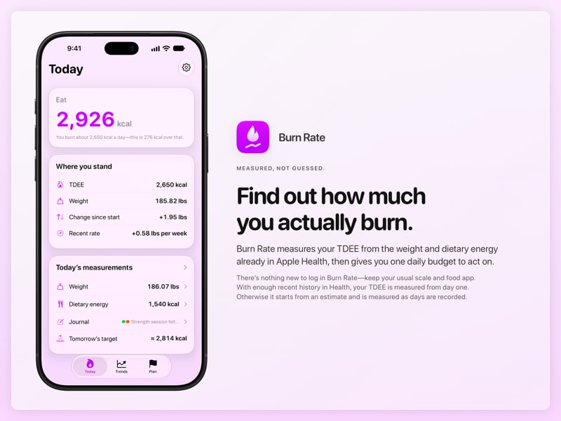The Burn Rate share image, showing the app on iPhone 18 Pro Max with its icon, name and headline for the gain story, in the Purple tint, light appearance.