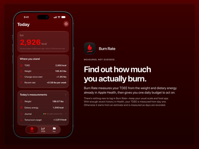 The Burn Rate share image, showing the app on iPhone 18 Pro Max with its icon, name and headline for the gain story, in the Red tint, dark appearance.