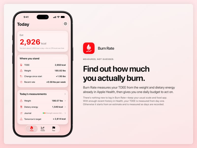 The Burn Rate share image, showing the app on iPhone 18 Pro Max with its icon, name and headline for the gain story, in the Red tint, light appearance.
