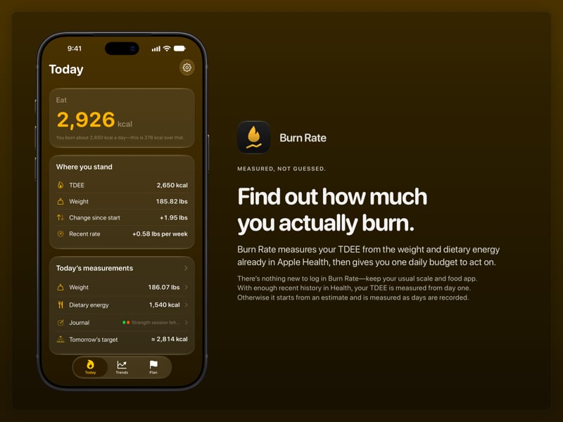 The Burn Rate share image, showing the app on iPhone 18 Pro Max with its icon, name and headline for the gain story, in the Yellow tint, dark appearance.
