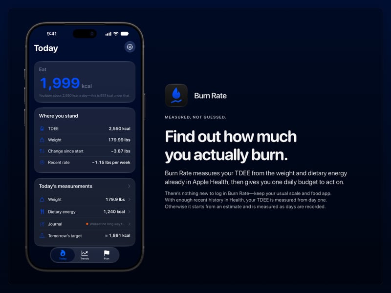 The Burn Rate share image, showing the app on iPhone 18 Pro Max with its icon, name and headline for the loss story, in the Blue tint, dark appearance.