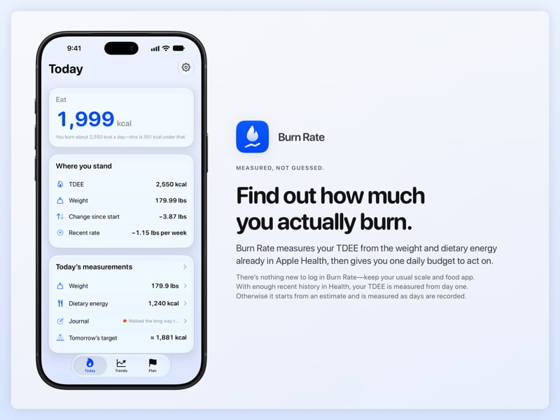 The Burn Rate share image, showing the app on iPhone 18 Pro Max with its icon, name and headline for the loss story, in the Blue tint, light appearance.
