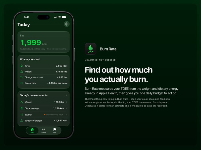 The Burn Rate share image, showing the app on iPhone 18 Pro Max with its icon, name and headline for the loss story, in the Green tint, dark appearance.