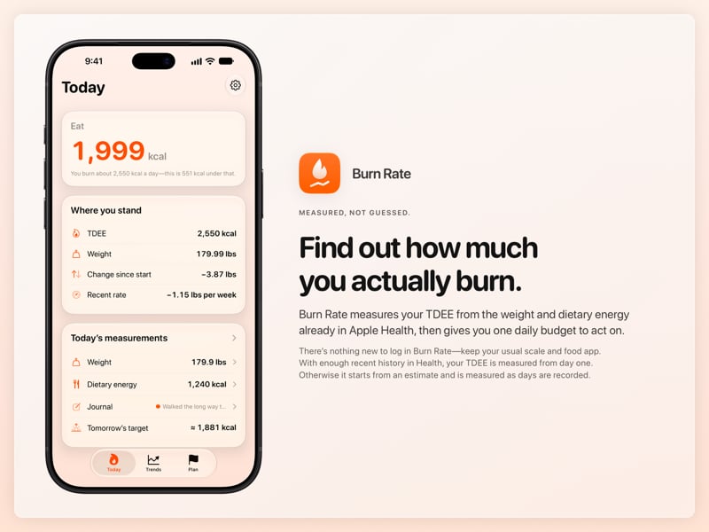 The Burn Rate share image, showing the app on iPhone 18 Pro Max with its icon, name and headline for the loss story, in the Orange tint, light appearance.