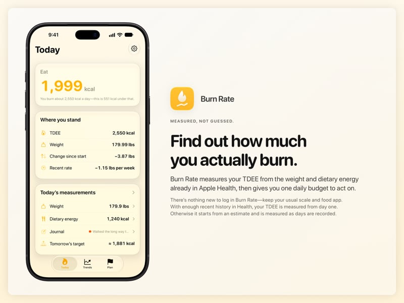 The Burn Rate share image, showing the app on iPhone 18 Pro Max with its icon, name and headline for the loss story, in the Yellow tint, light appearance.