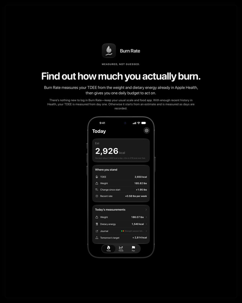 The Burn Rate share image, showing the app on iPhone 18 Pro Max with its icon, name and headline for the gain story, in the Grey tint, dark appearance.
