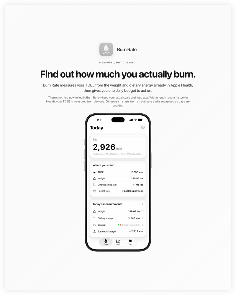 The Burn Rate share image, showing the app on iPhone 18 Pro Max with its icon, name and headline for the gain story, in the Grey tint, light appearance.