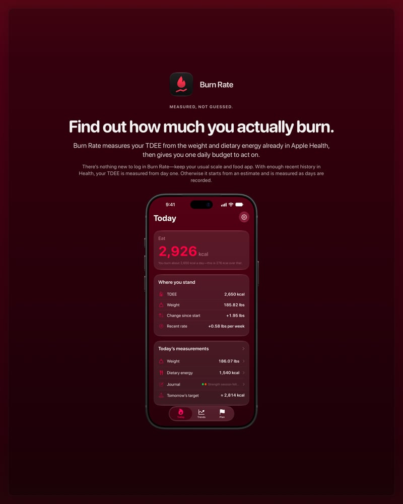 The Burn Rate share image, showing the app on iPhone 18 Pro Max with its icon, name and headline for the gain story, in the Pink tint, dark appearance.
