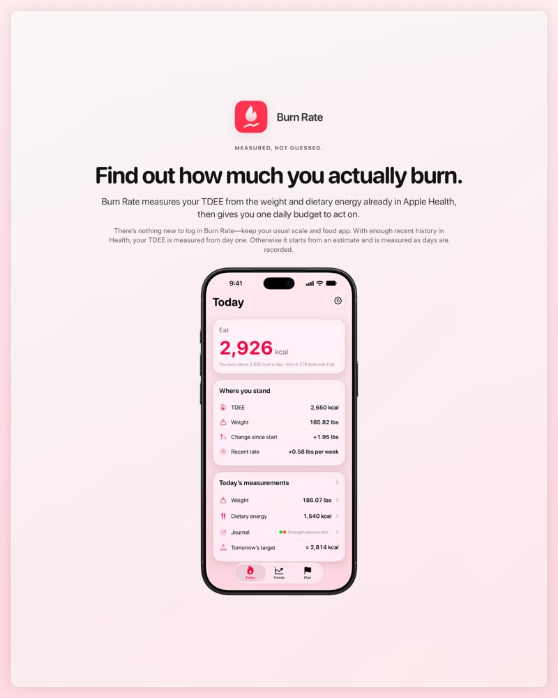 The Burn Rate share image, showing the app on iPhone 18 Pro Max with its icon, name and headline for the gain story, in the Pink tint, light appearance.