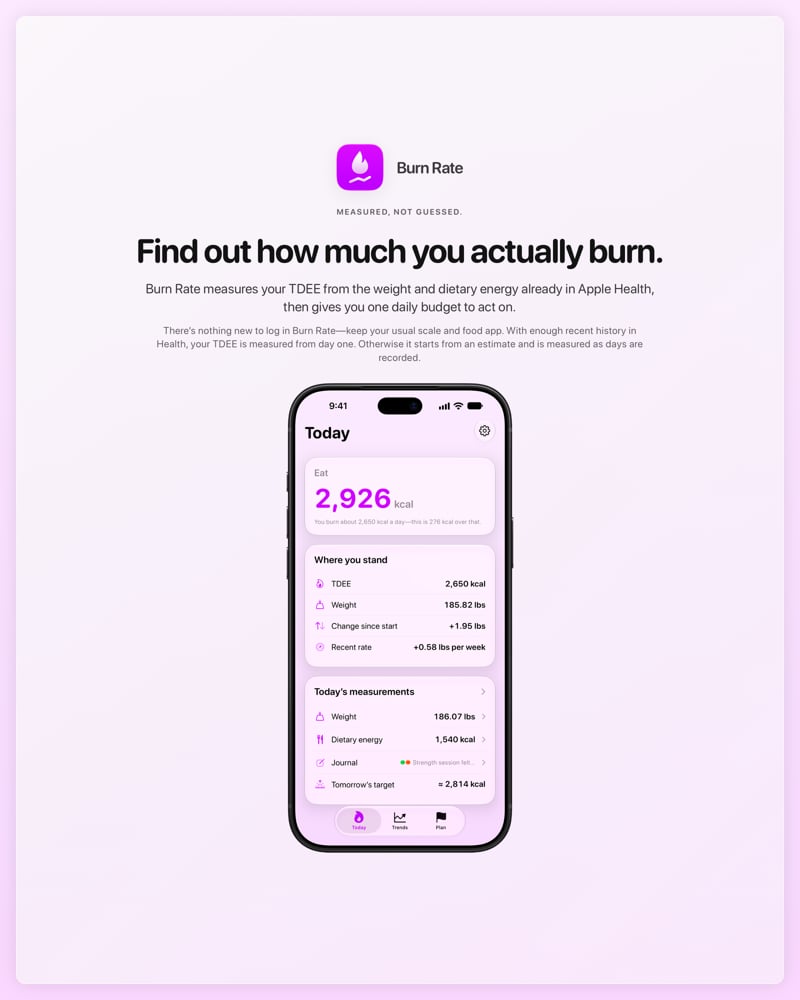 The Burn Rate share image, showing the app on iPhone 18 Pro Max with its icon, name and headline for the gain story, in the Purple tint, light appearance.