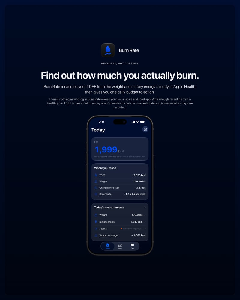 The Burn Rate share image, showing the app on iPhone 18 Pro Max with its icon, name and headline for the loss story, in the Blue tint, dark appearance.
