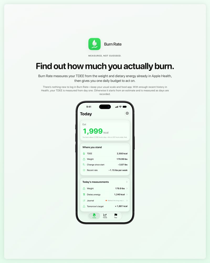 The Burn Rate share image, showing the app on iPhone 18 Pro Max with its icon, name and headline for the loss story, in the Green tint, light appearance.