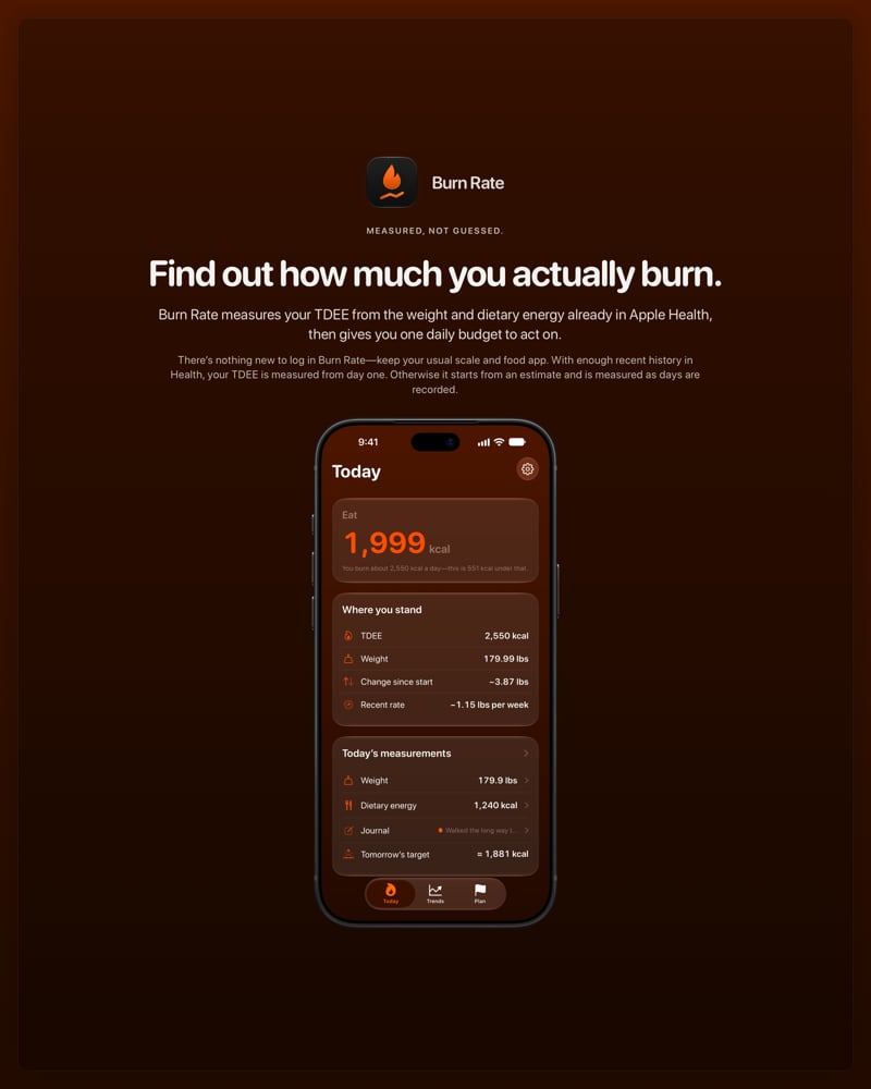 The Burn Rate share image, showing the app on iPhone 18 Pro Max with its icon, name and headline for the loss story, in the Orange tint, dark appearance.