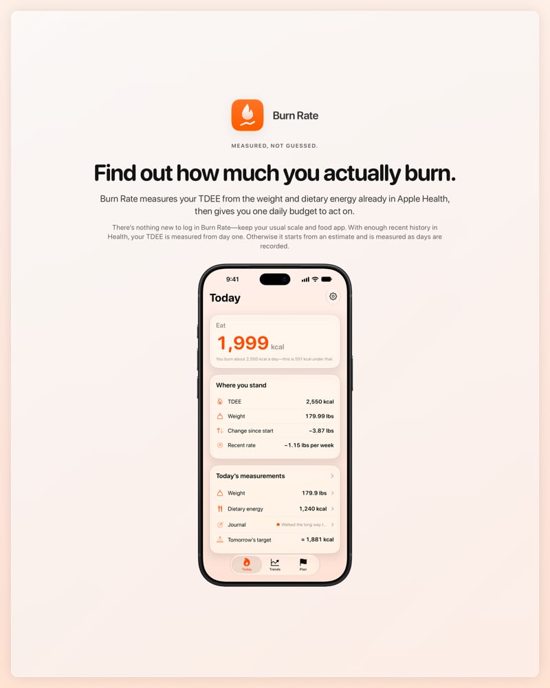 The Burn Rate share image, showing the app on iPhone 18 Pro Max with its icon, name and headline for the loss story, in the Orange tint, light appearance.