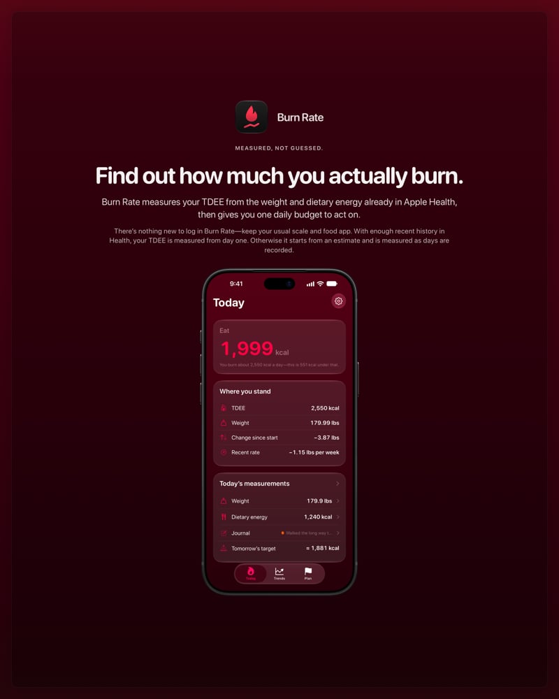 The Burn Rate share image, showing the app on iPhone 18 Pro Max with its icon, name and headline for the loss story, in the Pink tint, dark appearance.