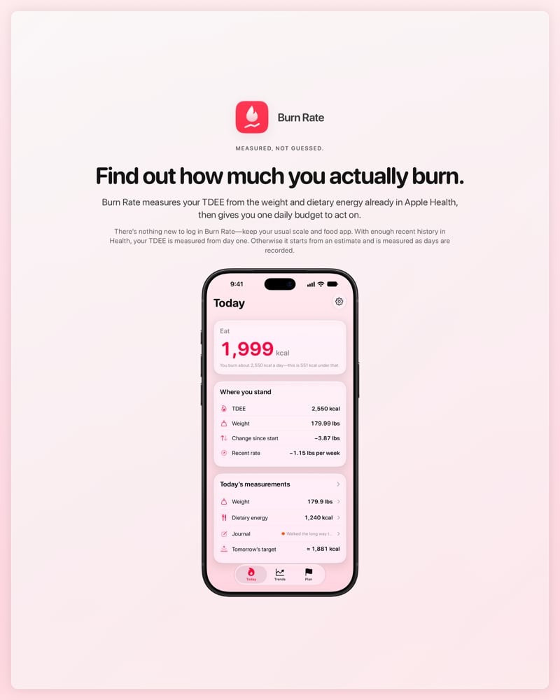 The Burn Rate share image, showing the app on iPhone 18 Pro Max with its icon, name and headline for the loss story, in the Pink tint, light appearance.