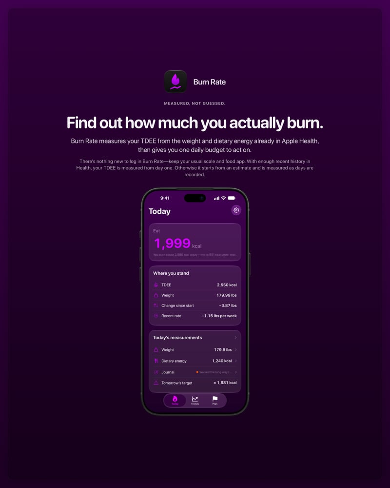 The Burn Rate share image, showing the app on iPhone 18 Pro Max with its icon, name and headline for the loss story, in the Purple tint, dark appearance.