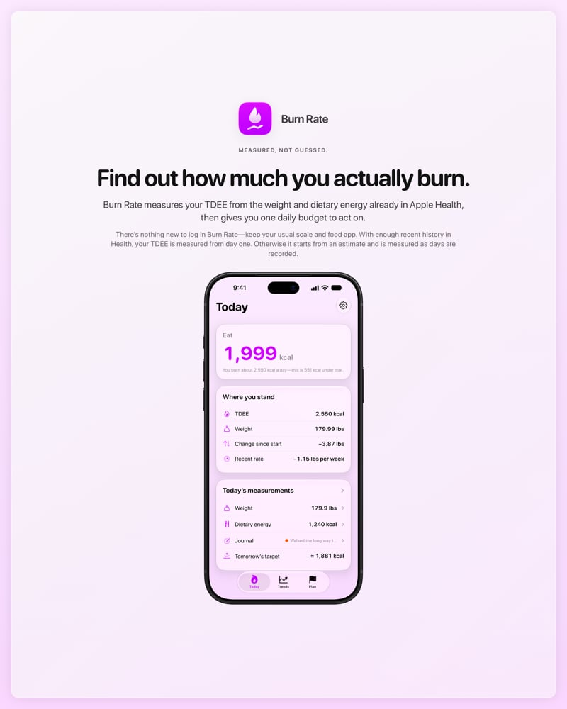 The Burn Rate share image, showing the app on iPhone 18 Pro Max with its icon, name and headline for the loss story, in the Purple tint, light appearance.